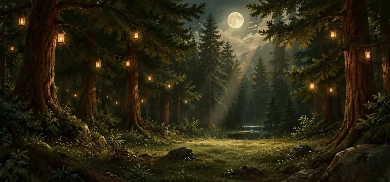 月夜松林空地上悬挂着小灯笼的插画，适合夜读氛围