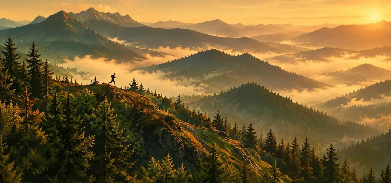 金色时刻的山脊松林远景，小小少年沿山脊奔跑的插画